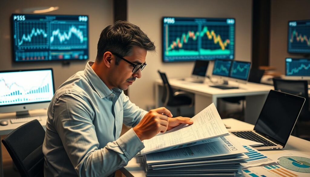 A securities analyst meticulously scrutinizing financial data, surrounded by a stack of reports, charts, and laptop screens displaying complex graphs. The office environment is modern and minimalist, with sleek desks and ergonomic chairs. Warm, focused lighting casts a pensive atmosphere, as the analyst deeply considers the implications of the information before them. Their expression is one of intense concentration, capturing the intellectual rigor and attention to detail required in this profession. The overall scene conveys the analytical nature of a securities analyst's work, delving into the intricacies of the financial markets to provide informed insights.