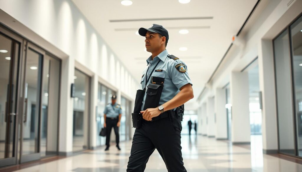 A security guard diligently patrolling a modern commercial facility, alert and vigilant, monitoring the premises with a keen eye. The scene is bathed in soft, even lighting, creating a sense of order and professionalism. The guard's uniform is crisp, and they move with purposeful strides, checking doors, observing security cameras, and maintaining a constant awareness of their surroundings. In the background, the facility's clean, minimalist architecture stands as a testament to the guard's dedication to protecting the space. An atmosphere of tranquility and safety pervades the scene, underscoring the vital role of the security professional in maintaining the smooth operation of the establishment.