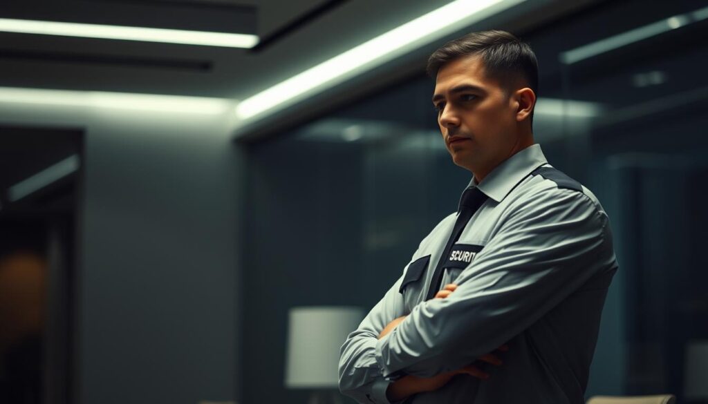 A security guard standing in a professional, uniformed posture, gazing thoughtfully at a graph or chart displaying salary information. The scene is set in a dimly lit office, with a sleek, modern interior design and a subtle, muted color palette. Soft directional lighting illuminates the guard's face, creating a contemplative, focused expression. The background is blurred, placing emphasis on the subject and the visual representation of the security guard's annual income. The composition is balanced, with the guard positioned slightly off-center, allowing for additional details or context to be included if needed.