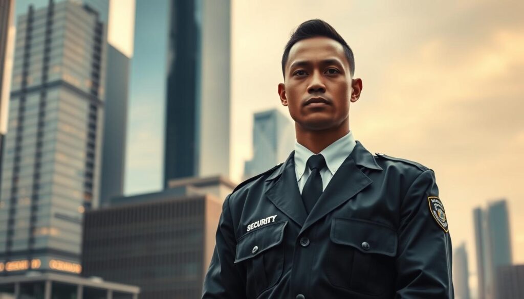 A security guard standing tall and vigilant, their uniform crisp and professional. Their gaze is focused, exuding a calm confidence that commands respect. The background is a bustling cityscape, with towering skyscrapers and the hum of activity in the air. Soft, warm lighting casts a gentle glow, highlighting the guard's attentive demeanor and the sense of security they provide. The composition is balanced, with the guard taking center stage, a beacon of order and protection amidst the dynamic urban landscape.