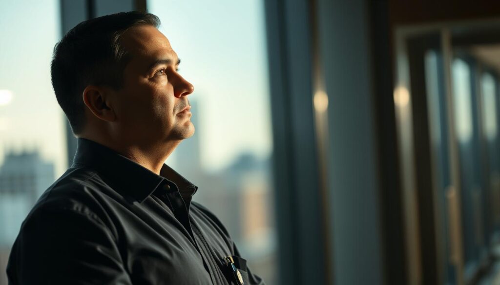 A security guard standing vigilantly, surveying the scene with a keen eye. Clad in a crisp, well-fitted uniform, they project an air of authority and professionalism. The lighting is soft and directional, casting dramatic shadows that accentuate the guard's posture and alertness. In the background, a blurred cityscape or office setting suggests the context of their duties. The guard's gaze is unwavering, conveying a sense of focus and readiness to respond to any situation. The mood is one of vigilance, responsibility, and the importance of the security guard's role in maintaining order and safety.