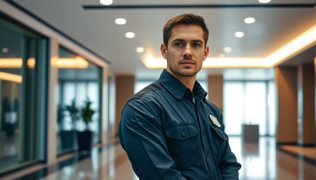 A security guard stands vigilant, their uniform crisp and professional, facing the camera with a calm, attentive expression. The scene is set in a well-lit, modern office lobby, with clean lines and sleek architectural details in the background. Soft, diffused lighting creates a sense of warmth and security, while the guard's focused gaze conveys the dedication and responsibility inherent in their role. The composition is balanced, with the guard positioned centrally, underscoring their importance and the significance of their duties. This image aims to capture the professionalism, diligence, and essential nature of the security guard's experience, reflecting the themes of the article's section on the work and skills of these unsung protectors.