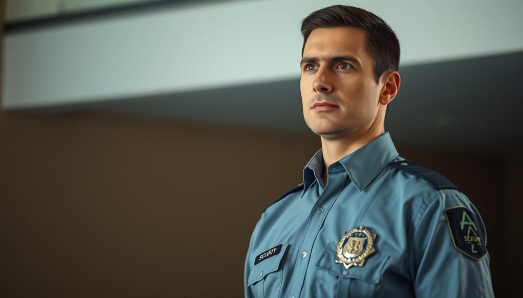 A security guard stands vigilantly at his post, clad in a crisp uniform with a badge gleaming on his chest. His gaze is alert, scanning the surroundings with a keen eye for any potential threats. The lighting is soft and ambient, casting gentle shadows that accentuate the guard's attentive expression. The background is a blend of muted tones, hinting at the professional, no-nonsense atmosphere of the workplace. The guard's posture is confident, yet approachable, conveying the sense of reliability and trustworthiness that is essential for the role. This image captures the essence of a security guard's duties, showcasing the vigilance, professionalism, and dedication required to ensure the safety and security of the premises.