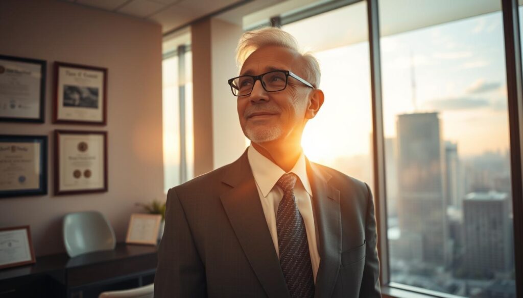 A senior businessman in a suit and tie, standing confidently in an office setting, gazing out a large window overlooking a bustling city skyline. Warm, natural lighting filters in, casting a serene, hopeful atmosphere. The man's expression conveys a sense of satisfaction and accomplishment, reflecting the success of his career change. In the background, subtle details like diplomas, awards, and framed photos suggest his journey and the wisdom he has gained. The overall scene evokes a feeling of hard-earned triumph, inspiring viewers to consider their own paths to fulfillment in the later stages of life.