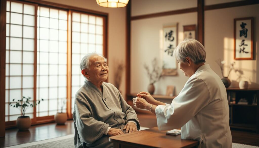 A senior patient receiving acupuncture treatment in a traditional Japanese clinic. The elderly person sits upright on a low wooden table, their face filled with a peaceful, relaxed expression as the acupuncturist carefully inserts fine needles along meridian points. Warm, natural lighting filters through paper-paneled shōji screens, casting a soft glow over the scene. The background features minimal, uncluttered decor evoking a serene, timeless atmosphere. Delicate potted plants and a hanging scroll painting add subtle touches of traditional Japanese aesthetics. The composition emphasizes the harmony and care inherent in this holistic therapy, reflecting the important role of acupuncture in supporting the health and wellbeing of the aging population.