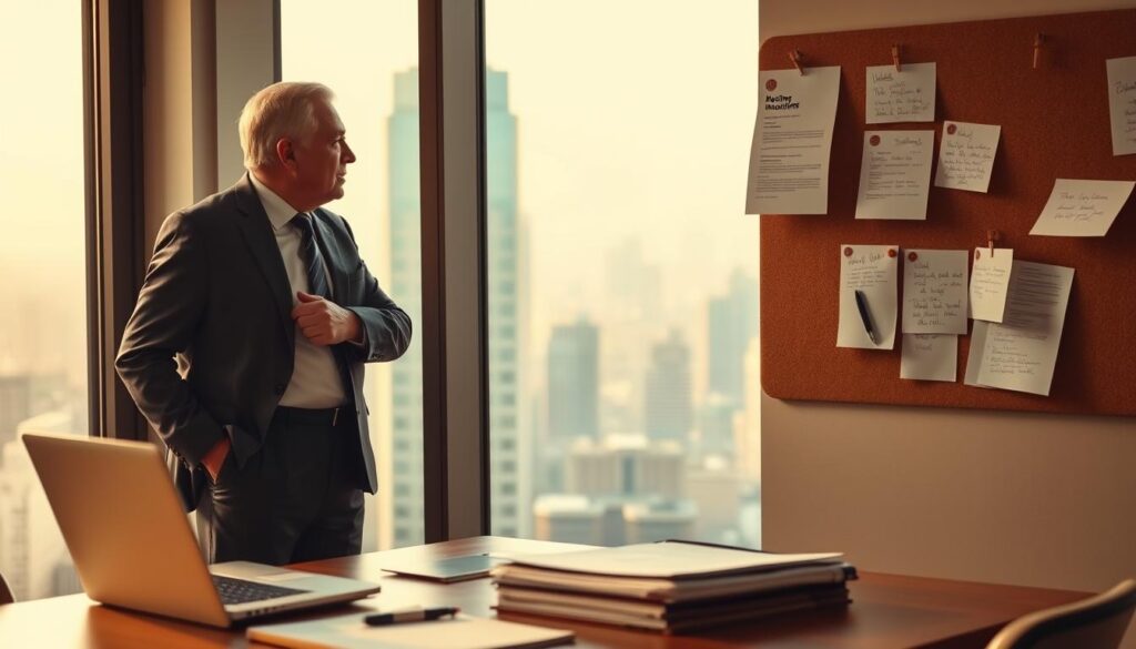 A senior professional standing confidently, dressed in a sharp suit, gazing pensively out a window overlooking a bustling city skyline. The scene is bathed in warm, golden light, conveying a sense of experience, determination, and the potential for a new chapter. In the foreground, a desk with a laptop, files, and a notepad, hinting at the thoughtful preparation and research involved in a career transition. The middle ground features a cork board with printed job postings and handwritten notes, capturing the active steps of the job search process. The background blurs into a hazy cityscape, suggesting the broader context and opportunities awaiting beyond the current moment.