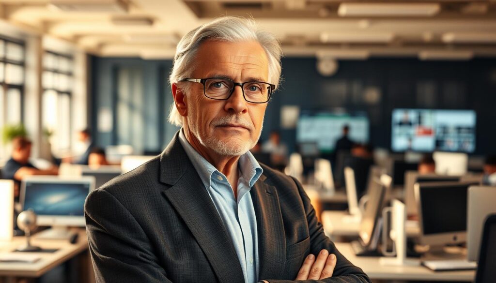 A senior professional with a lifetime of experience standing confidently, their gaze focused and determined. In the background, a scene of a bustling office environment, with desks, computers, and the hustle and bustle of a dynamic workplace. Warm, natural lighting illuminates the subject, casting a sense of wisdom and maturity. The composition emphasizes the subject's poise, competence, and the value they can bring to a new organization, conveying the key selling points of a seasoned 50s jobseeker.