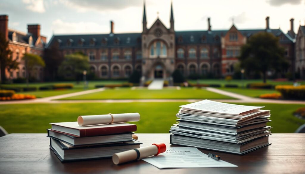 A serene academic setting with a university campus in the background, featuring gothic-style architecture and manicured lawns. In the foreground, a desk adorned with a stack of books, a diploma, and various educational certificates, symbolizing the qualifications and accreditations required to become a geological consultant. Subtle lighting casts a warm, contemplative glow, evoking a sense of diligence and accomplishment. The middle ground showcases a person in professional attire, deep in thought, representing the thoughtful and analytical nature of the geological consulting profession. The overall composition conveys the dedication, knowledge, and expertise necessary to excel in this field.