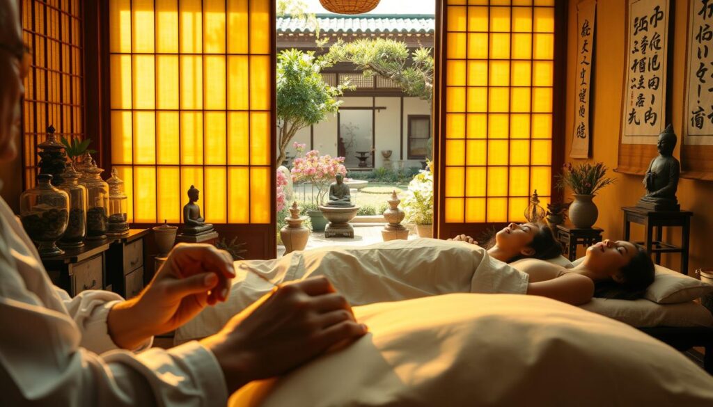 A serene acupuncture clinic, bathed in warm, golden light filtering through paper shoji screens. In the foreground, an experienced acupuncturist, their hands skillfully manipulating thin needles, a look of deep focus and purpose etched on their face. Patients recline peacefully, finding solace in the ancient practice. The middle ground reveals the tools of the trade - glass jars filled with herbs, statues of Buddha, and calligraphic scrolls adorning the walls, reflecting the profound spirituality of this healing art. In the background, a garden courtyard comes into view, lush with blooming flowers and tranquil ponds, a oasis of calm amidst the bustling city. This serene scene captures the profound sense of vocation and fulfillment that drives the dedicated acupuncturist.