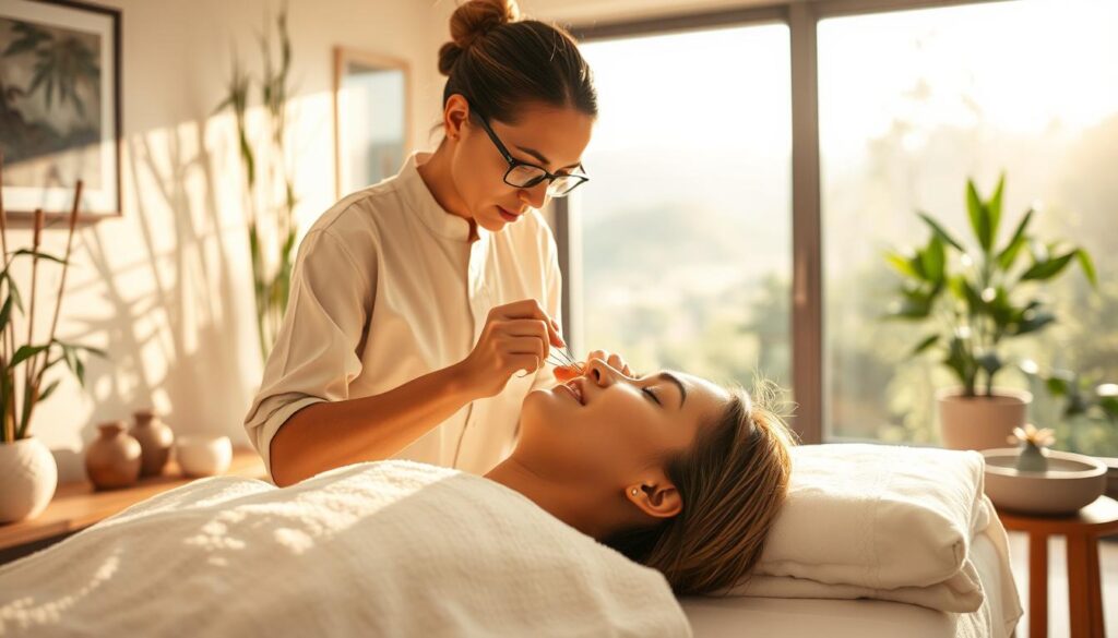 A serene acupuncture studio bathed in warm, natural lighting. In the foreground, a skilled practitioner gently inserts acupuncture needles into a patient's face, focusing intently on the delicate procedure. The middle ground features calming decor elements like bamboo plants, Zen-inspired artwork, and a soothing water feature. The background showcases a tranquil landscape visible through large windows, perhaps a lush garden or a peaceful forest scene. The overall atmosphere is one of relaxation, rejuvenation, and the harmonious integration of traditional Eastern medicine with modern beauty and wellness practices.