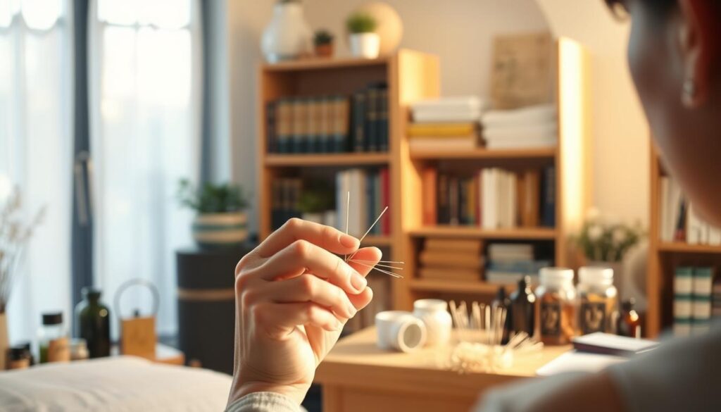 A serene acupuncturist's office, bathed in warm, natural lighting. In the foreground, an experienced practitioner examines acupuncture needles, their skilled hands radiating a sense of focus and expertise. The middle ground features an array of traditional Chinese medicine tools and supplies, including jars of herbs and essential oils. In the background, a bookshelf displays volumes on acupuncture, anatomy, and holistic healing, hinting at the depth of knowledge required for career advancement. The overall atmosphere conveys a professional, yet calming, environment conducive to the acupuncturist's growth and development.