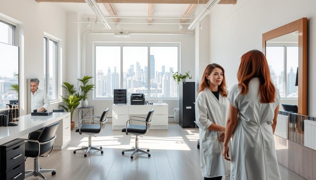 A serene, airy studio space filled with natural light, housing a well-equipped hair salon. In the foreground, a stylish hairstylist in a crisp white smock attends to a client, their focused expressions reflected in a large mirror. The middle ground features various styling tools, hair products, and a sleek reception desk, conveying a sense of professionalism and expertise. The background showcases large windows overlooking a vibrant city skyline, symbolizing the independent spirit and entrepreneurial drive of the self-employed hairstylist. The overall mood is one of tranquility, confidence, and the fulfillment of pursuing one's passion.
