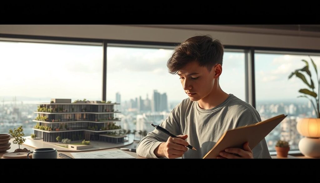 A serene and contemplative environment design career path, captured through a cinematic lens. In the foreground, a young designer meticulously sketches, surrounded by a moodboard of materials, textures, and color palettes. The middle ground features a 3D model of a sustainable building, its sleek lines and green spaces embodying the principles of environmental design. In the background, a panoramic view of a bustling city skyline, hinting at the diverse opportunities available to the environmental design professional. Soft, diffused lighting creates a warm, introspective atmosphere, inviting the viewer to envision themselves on this rewarding career journey.