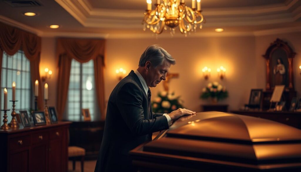 A serene and contemplative funeral home interior, bathed in warm, soft lighting. In the foreground, a reverent funeral director carefully arranges a casket, their hands and expression conveying a profound sense of care and respect for the departed. Subtly in the background, glimpses of religious symbols and personal mementos suggest the meaningful legacy of the individual being memorialized. The atmosphere is one of quiet dignity, where the funeral director finds deep fulfillment in providing a dignified and personalized farewell. Elegant, muted tones and a tranquil, almost ethereal ambiance capture the sense of purpose and meaning that drives this noble profession.