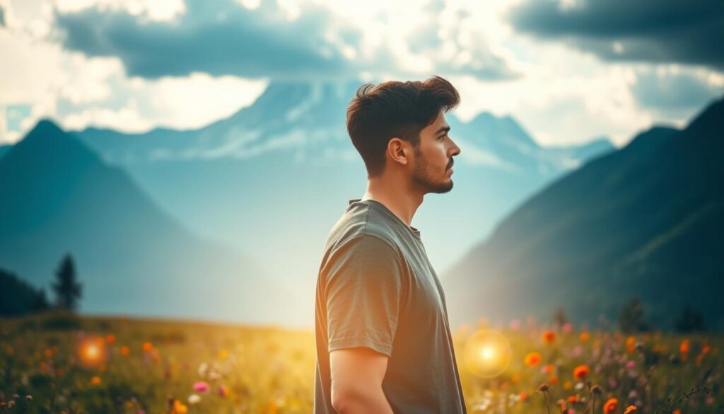 A serene and contemplative scene, showcasing a person in a deep introspective state, standing amidst a picturesque landscape. The foreground depicts the individual, with a resolute and confident expression, gazing into the distance, embracing the possibility of failure as a stepping stone to growth. The middle ground features a tranquil meadow, dotted with vibrant wildflowers, symbolizing the boundless opportunities that await those who overcome their fear of failure. In the background, a majestic mountain range stands tall, representing the challenges and obstacles that can be conquered with a fearless mindset. The lighting is soft and diffused, creating a warm and inspiring atmosphere, conveying the notion that failure is not to be feared, but rather, to be embraced as a pathway to self-discovery and personal transformation.