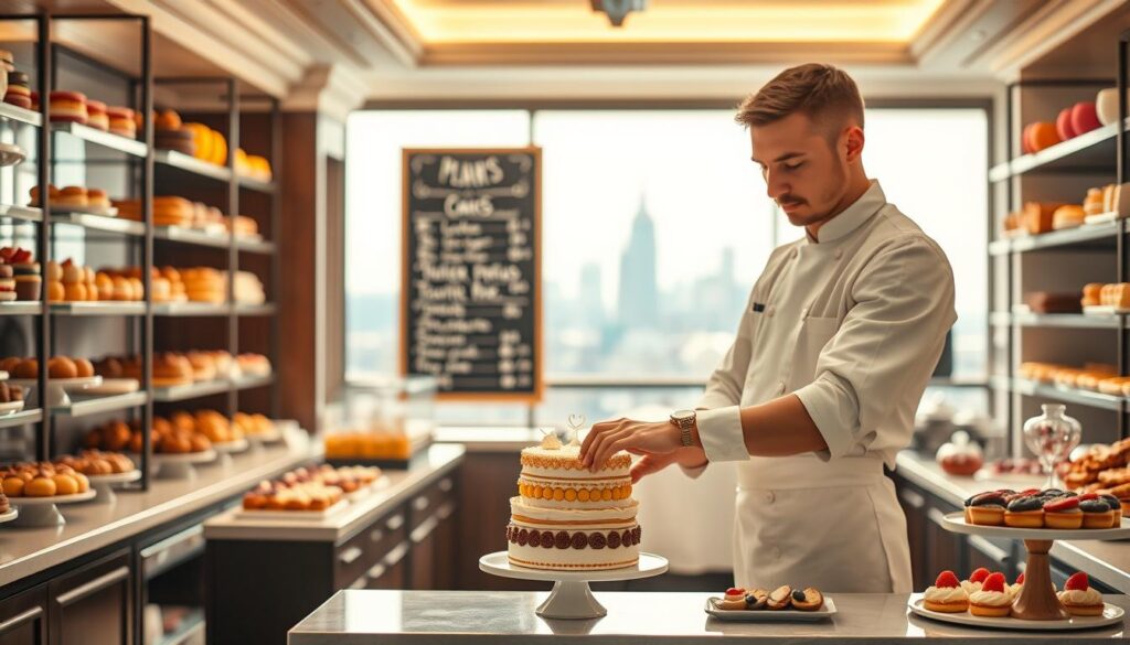 A serene and elegant patisserie kitchen, bathed in warm, natural lighting. In the foreground, a skilled pâtissier in a crisp white uniform, carefully assembling a delicate layered cake, their movements precise and focused. Behind them, shelves laden with freshly baked pastries and desserts, their vibrant colors and intricate designs hinting at the pâtissier's mastery. In the middle ground, a chalkboard menu showcases the diverse offerings, from classic French macarons to innovative fusion creations. The background reveals a panoramic view of a bustling city skyline, suggesting the pâtissier's journey from apprentice to renowned culinary artist. An atmosphere of passion, dedication, and the pursuit of culinary excellence permeates the scene.