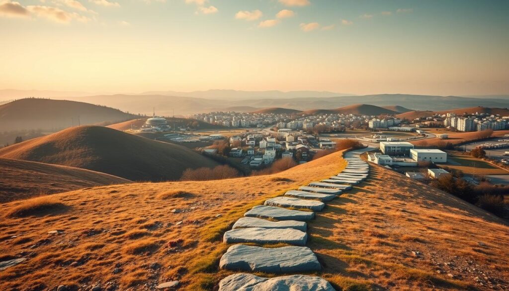 A serene and expansive landscape featuring a winding career path. In the foreground, the path is lined with stepping stones, each representing a different stage of a healthcare worker's professional journey. The middle ground showcases a vibrant community of eldercare facilities, home care services, and rehabilitation centers, symbolizing the diverse opportunities available. In the background, a softly lit sky creates a contemplative atmosphere, suggesting the personal growth and fulfillment inherent in this career. The scene is captured with a wide-angle lens, emphasizing the scale and interconnectedness of the healthcare industry. Warm, natural lighting illuminates the scene, conveying a sense of hope and possibility.