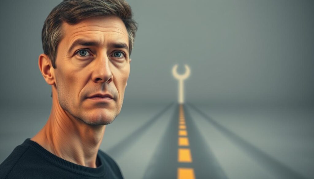 A serene and focused individual stands at a crossroads, contemplating their next career move. The foreground depicts a thoughtful expression, brow furrowed in deep consideration. Soft, warm lighting illuminates their face, conveying a sense of determination and resolve. The middle ground features a metaphorical fork in the road, representing the decision to be made, with each path leading to different possibilities. The background is a tranquil, minimalist setting, allowing the viewer to focus on the central figure's introspective moment. Subtle, muted tones create a calming atmosphere, reflecting the mindset necessary for a successful job transition.