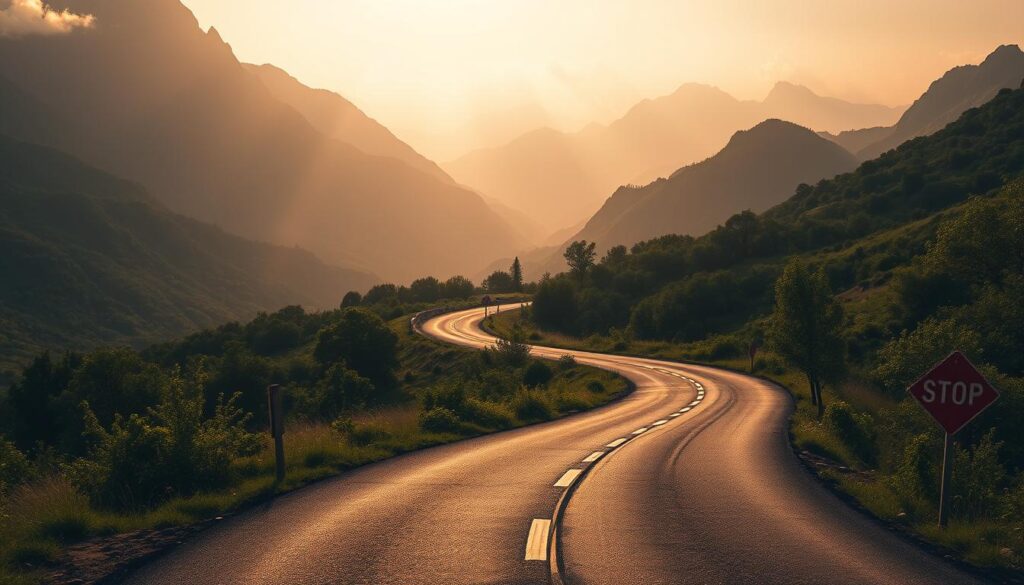 A serene and immersive career path visualization, captured with a wide-angle lens against a soft, atmospheric backdrop. In the foreground, a winding road symbolizes the journey, leading the viewer through a lush, verdant landscape. Towering peaks in the distance convey a sense of grandeur and ambition, while the warm, diffused lighting creates a tranquil, contemplative mood. The composition emphasizes the depth and vastness of the scene, inviting the viewer to envision their own path unfolding amidst the natural splendor. Subtle, abstract shapes in the background hint at the diverse opportunities and challenges that lie ahead, challenging the viewer to embrace the unknown with confidence and determination.