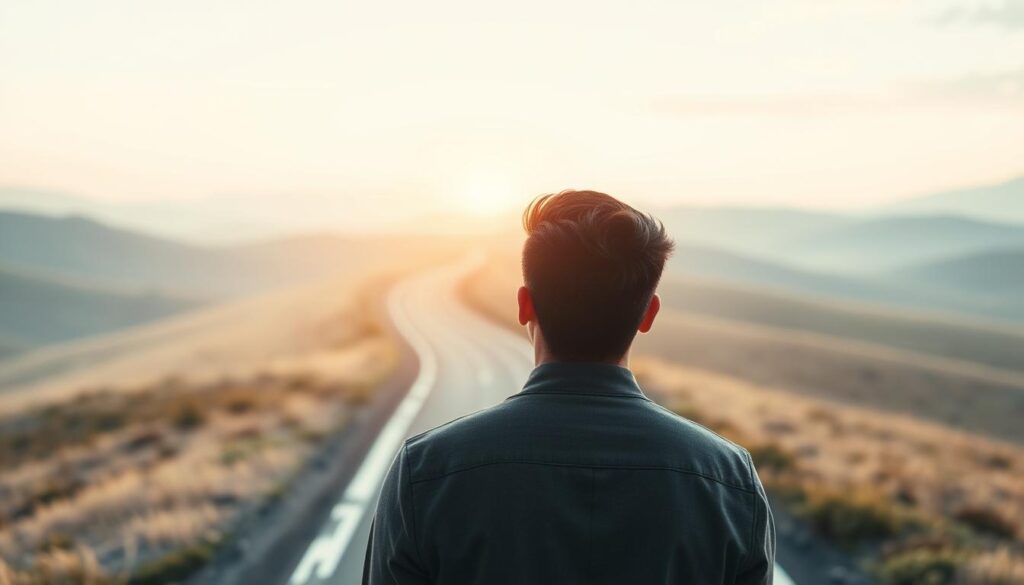 A serene and inspiring career path unfolds, with a person standing at the crossroads, contemplating their future. The foreground depicts this individual, their expression hopeful yet pensive, gazing into the distance. The middle ground showcases a winding road leading to a horizon filled with diverse opportunities, represented by a variety of career icons and symbols. The background is a calming, pastel-hued landscape, with soft light filtering through, creating a warm and encouraging atmosphere. This image conveys the sense of possibility and the potential for growth, as one embarks on a new career journey without prior experience.