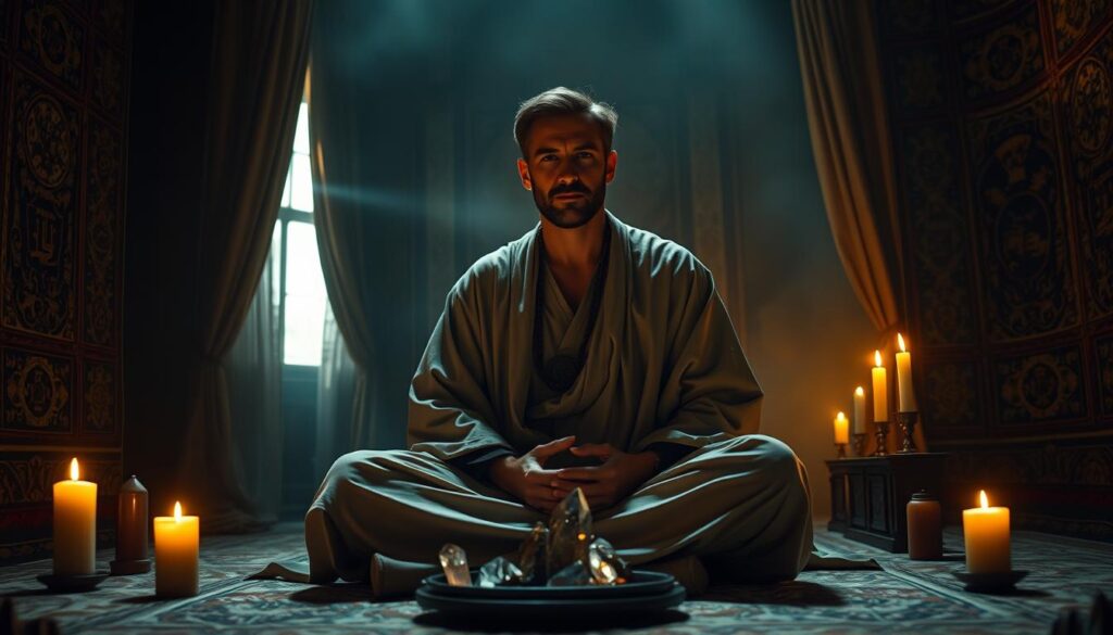 A serene and introspective scene of an experienced fortune teller, clad in a flowing robe and adorned with mystical symbols, sitting cross-legged amidst a dimly lit room. Soft candlelight flickers, casting warm shadows on the ornate walls covered in esoteric tapestries. The fortune teller's face is thoughtful, their gaze projecting a sense of wisdom and profound understanding. Crystals and other divination tools are neatly arranged on a low table, hinting at the depth of their practice. An aura of tranquility and reverence permeates the space, inviting the viewer to ponder the ethical responsibilities and spiritual obligations of those who wield the power of prophecy.