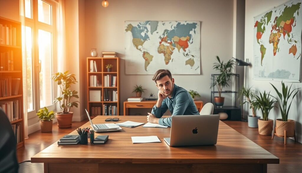 A serene and inviting office scene, with a large wooden desk at the center. On the desk, various office supplies and a laptop, conveying a sense of productivity. The room is bathed in warm, natural light streaming through large windows, creating a calming atmosphere. In the foreground, a person sits at the desk, leaning forward with a look of focused determination, contemplating the steps to become an interpreter. The background is filled with bookshelves, potted plants, and a wall-mounted world map, suggesting an environment conducive to language learning and global perspectives. The overall composition and lighting evoke a sense of professionalism, growth, and the path to a fulfilling career as an interpreter.