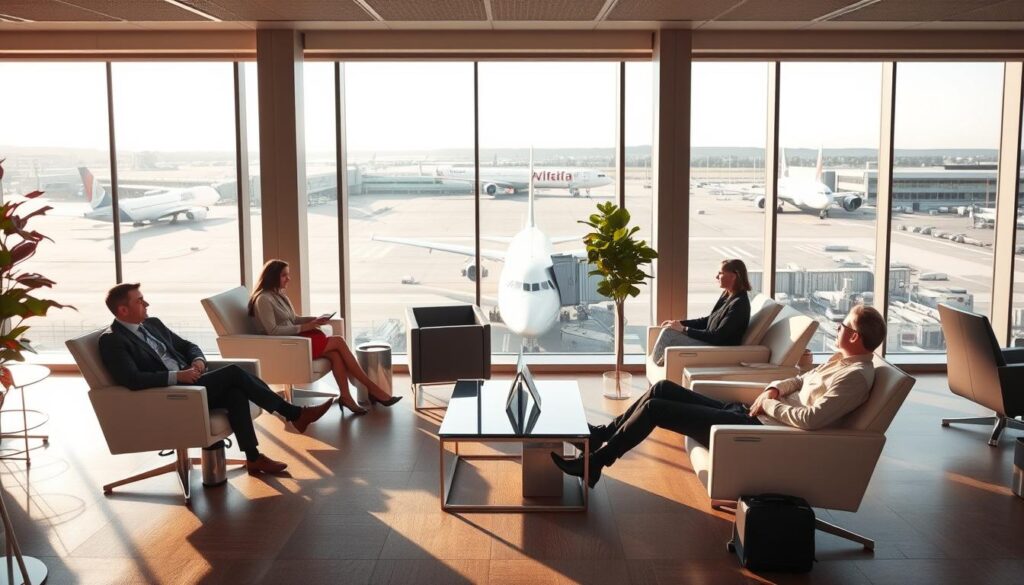 A serene and modern office interior with a panoramic view of a bustling international airport. Employees in professional attire relax in comfortable lounge chairs, enjoying the perks of the airline's generous benefits package. The space is bathed in warm, natural lighting, with sleek furniture and minimalist decor creating an atmosphere of tranquility and professionalism. In the background, the silhouettes of aircraft take off and land, a reminder of the industry's global reach and the privileges extended to those who contribute to its success.