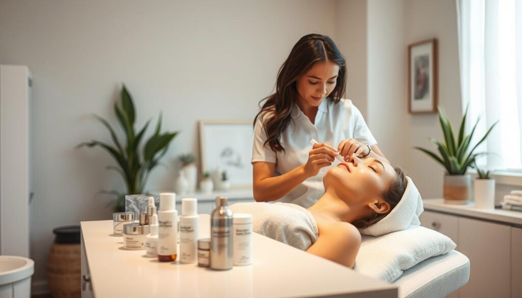 A serene and professional esthetician's treatment room, with soft lighting and a calming atmosphere. In the foreground, a skilled esthetician performs a luxurious facial treatment on a relaxed client, applying products with gentle, rhythmic motions. The middle ground features a selection of premium skincare products, neatly arranged on a sleek, modern counter. In the background, subtle and soothing decor elements, such as plants and minimalist artwork, create a tranquil, spa-like ambiance. The overall scene conveys the expertise, care, and attention to detail that defines an esthetician's essential role in promoting skin health and wellness.