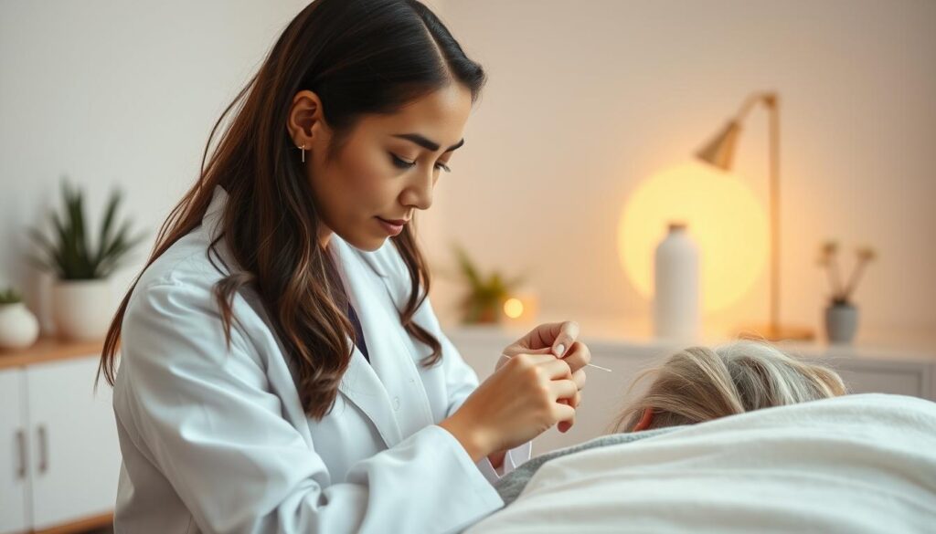 A serene and professional-looking woman practicing acupuncture on a patient in a tranquil, modern clinic. The woman, wearing a clean white coat, is meticulously inserting needles with a focused expression. Warm lighting bathes the scene, creating a calming atmosphere. The patient lies comfortably on a treatment table, surrounded by minimalist decor and soothing plants. The composition emphasizes the woman's skills and the patient's trust, reflecting the growing prominence of women in the field of traditional Eastern medicine.