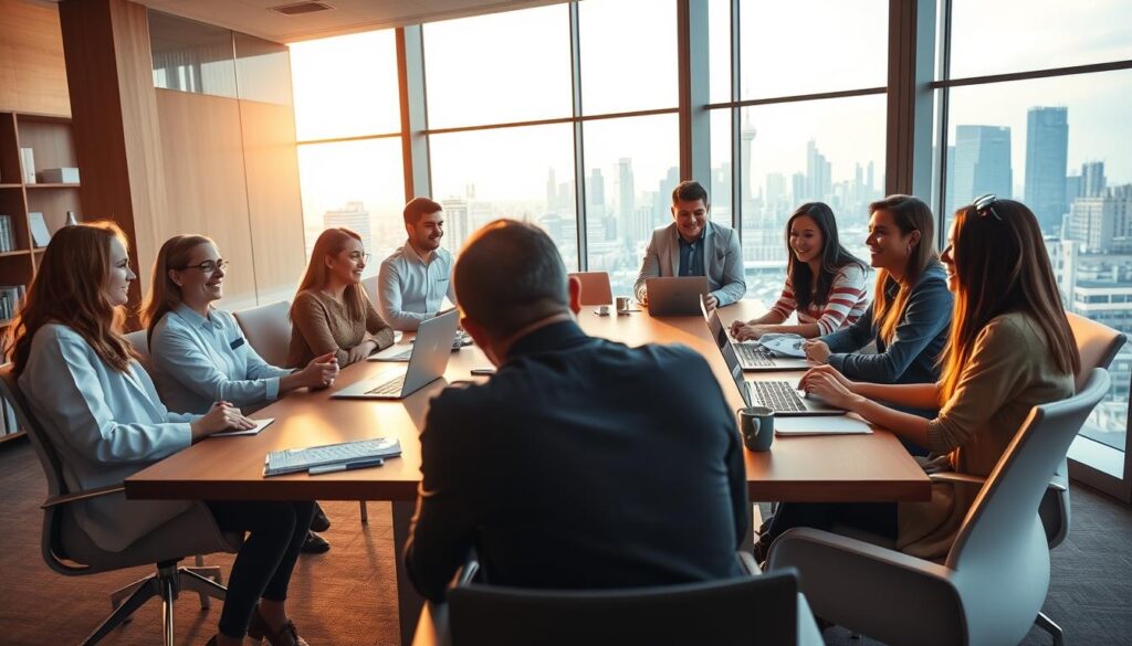 A serene and professional office setting, bathed in warm, natural lighting. In the foreground, a team of researchers and scholars engaged in lively discussion, their faces illuminated with the joy of intellectual pursuit. The middle ground showcases a large, polished wooden conference table, adorned with state-of-the-art laptops and research materials. In the background, floor-to-ceiling windows offer a stunning view of a bustling city skyline, symbolizing the far-reaching impact of the fellowship program. The overall atmosphere exudes a sense of collaboration, innovation, and the opportunity to make a meaningful contribution to one's field of study.