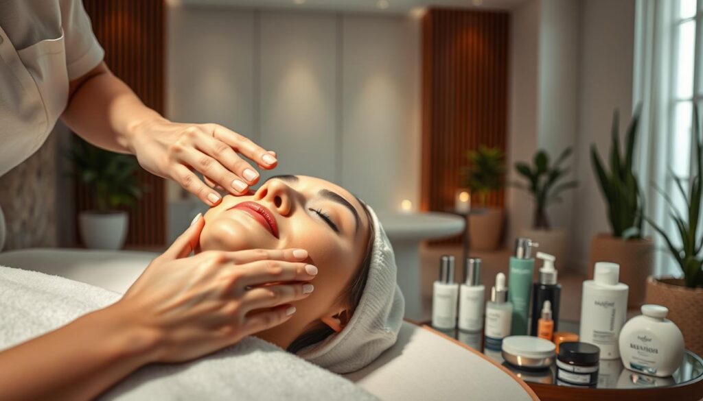 A serene and sophisticated spa setting, featuring a skilled esthetician performing a luxurious facial treatment. The foreground showcases the esthetician's hands delicately massaging the client's glowing, relaxed face, while the middle ground displays an array of professional-grade skincare products and tools. The background depicts a tranquil, minimalist interior design with soft lighting, soothing colors, and natural elements like potted plants, creating a calming and rejuvenating ambiance. The overall composition conveys the expertise, care, and attention to detail that define the specialized field of esthetics.