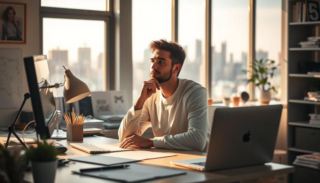 A serene and thoughtful designer sits at their desk, surrounded by a minimalist workspace filled with inspiration. Soft, natural lighting casts a warm glow, highlighting the designer's contemplative expression as they ponder their next creative move. In the background, a city skyline is visible through large windows, symbolizing the designer's connection to the world beyond their workspace. The overall atmosphere conveys a sense of focus, professionalism, and the continuous evolution of a design career.
