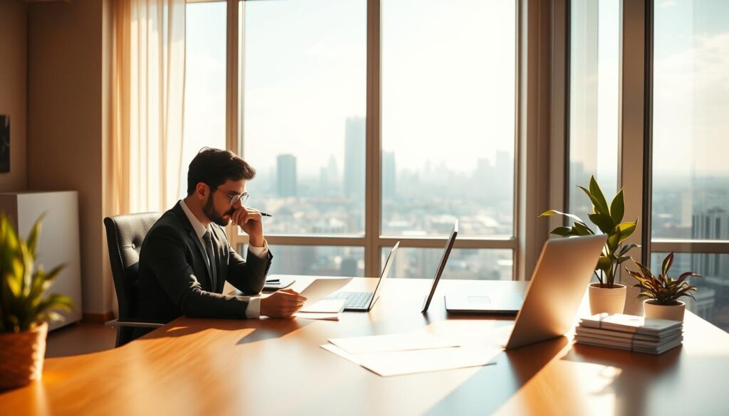 A serene and thoughtful office scene, illuminated by warm, natural lighting filtering through large windows. In the foreground, a professional-looking person sits at a desk, pen in hand, contemplating a document. The middle ground features a minimalist, yet elegant workspace, with a laptop, a stack of papers, and a potted plant, conveying a sense of focus and organization. The background showcases a panoramic cityscape, hinting at the broader context and the individual's aspirations. The overall atmosphere is one of quiet introspection, where the consistency between the person's stated goals and their authentic self is being carefully considered.