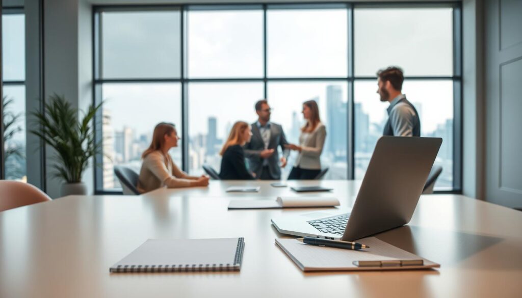 A serene and tranquil office setting, with a modern and minimalist aesthetic. In the foreground, a desk showcases the essential tools of a consultant's trade - a laptop, a notepad, and a pen, symbolizing the importance of communication and problem-solving skills. The middle ground features a group of coworkers engaged in a collaborative discussion, their body language and facial expressions conveying the significance of interpersonal abilities. In the background, a large window overlooks a bustling city skyline, highlighting the need for adaptability and strategic thinking in the tourism industry. Soft, natural lighting illuminates the scene, evoking a sense of professionalism and approachability. The overall composition emphasizes the multifaceted nature of soft skills, essential for the success of a tourism consultant.