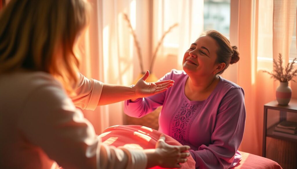 A serene and vibrant color therapy session unfolds, with a skilled practitioner guiding the client through a transformative experience. The room is bathed in a soft, natural light, accentuating the warm hues of the carefully curated color palette. Soothing music and the gentle scent of essential oils create a deeply calming atmosphere, inviting the client to fully immerse themselves in the healing powers of color. The practitioner's gentle, intuitive movements with color-infused light and shadows evoke a profound sense of inner peace and well-being, reflecting the profound joy and purpose they find in their work. The client's face is illuminated with a tranquil expression, their body and mind in harmonious balance.