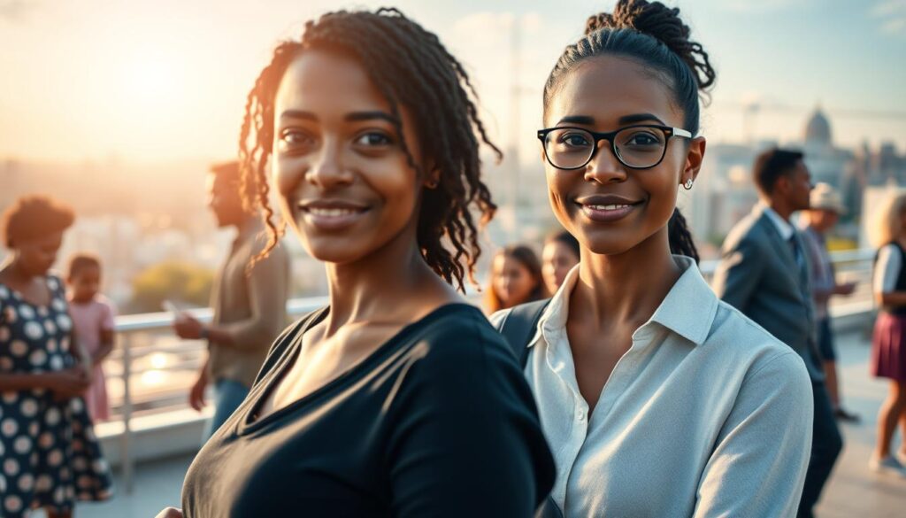 A serene and vibrant scene depicting the promising future of social work. In the foreground, a social worker stands confidently, their gaze filled with determination as they assist a family in need. The middle ground showcases a diverse community thriving, with people of all ages and backgrounds engaged in meaningful activities, supported by the diligent efforts of social workers. In the background, a cityscape shimmers with a sense of progress and hope, reflecting the far-reaching impact of this noble profession. Soft, warm lighting casts a glow over the scene, conveying the profound sense of purpose and fulfillment inherent in the social work field. Captured through a wide-angle lens, this image celebrates the boundless potential of social workers to shape a more equitable and compassionate future.