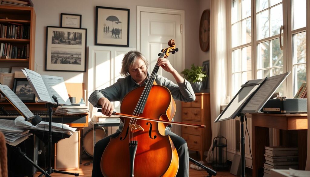 A serene cellist enjoying the benefits of their profession, seated in a well-appointed home studio bathed in warm, natural lighting. The musician is surrounded by their instrument, sheet music, and the trappings of their craft - a tangible representation of the comforts and conveniences afforded to skilled performers. The scene conveys a sense of contentment and professional fulfillment, capturing the essence of the "chelist's welfare" as a cherished aspect of their artistic career.