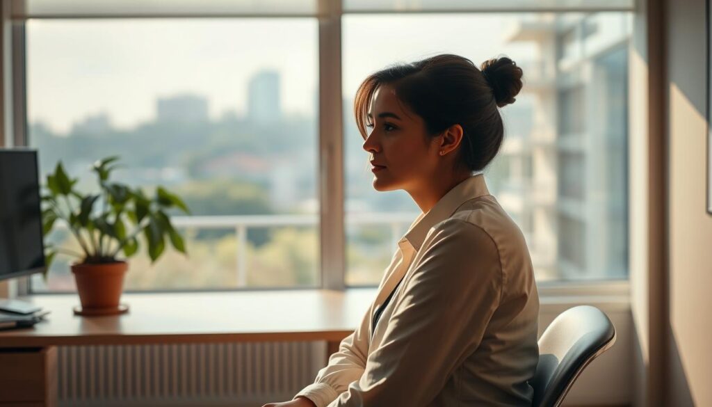 A serene, contemplative office setting with a desk, chair, and potted plant. The lighting is soft and natural, casting a warm glow. In the foreground, a person sits pensively, hands folded, their face reflecting deep consideration. The background features a large window overlooking a tranquil outdoor scene, perhaps a garden or cityscape. The overall atmosphere conveys a sense of thoughtfulness, readiness, and a smooth transition into the next chapter. The composition and palette evoke a harmonious, professional, and bittersweet mood.
