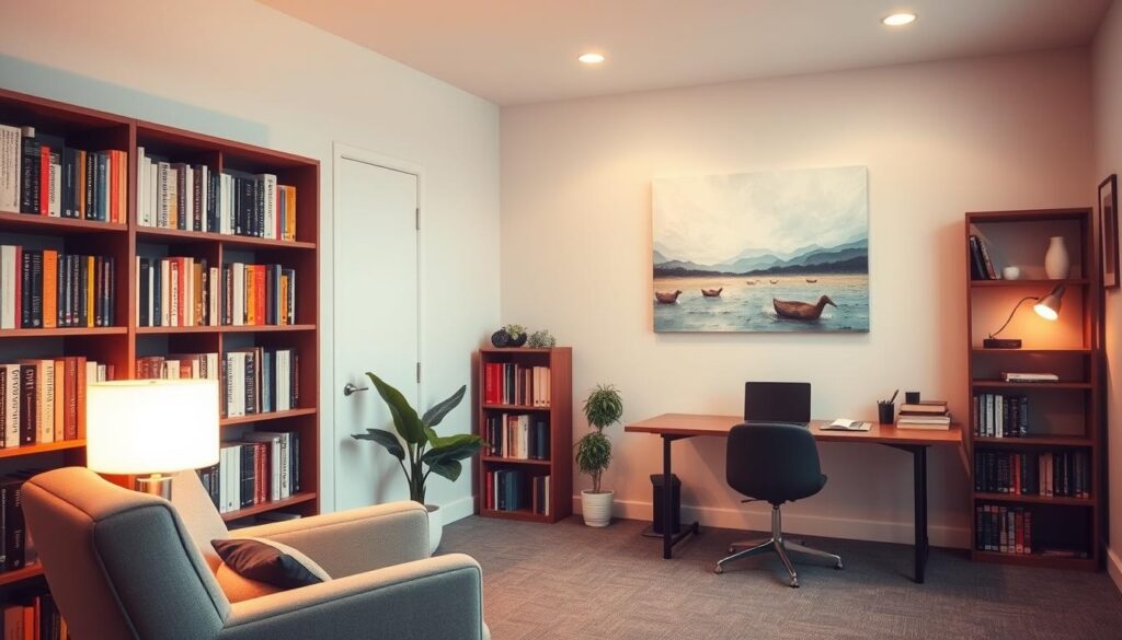 A serene counseling office with warm, diffused lighting casting a cozy glow. In the foreground, a comfortable armchair and a small side table with a potted plant. The middle ground features a large bookshelf filled with psychology-related volumes, and a desk with a laptop and writing supplies. The background showcases a calming, abstract landscape painting on the wall, complemented by minimal decor that exudes professionalism and tranquility. The overall atmosphere conveys a sense of expertise, empathy, and a welcoming environment for confidential discussions.
