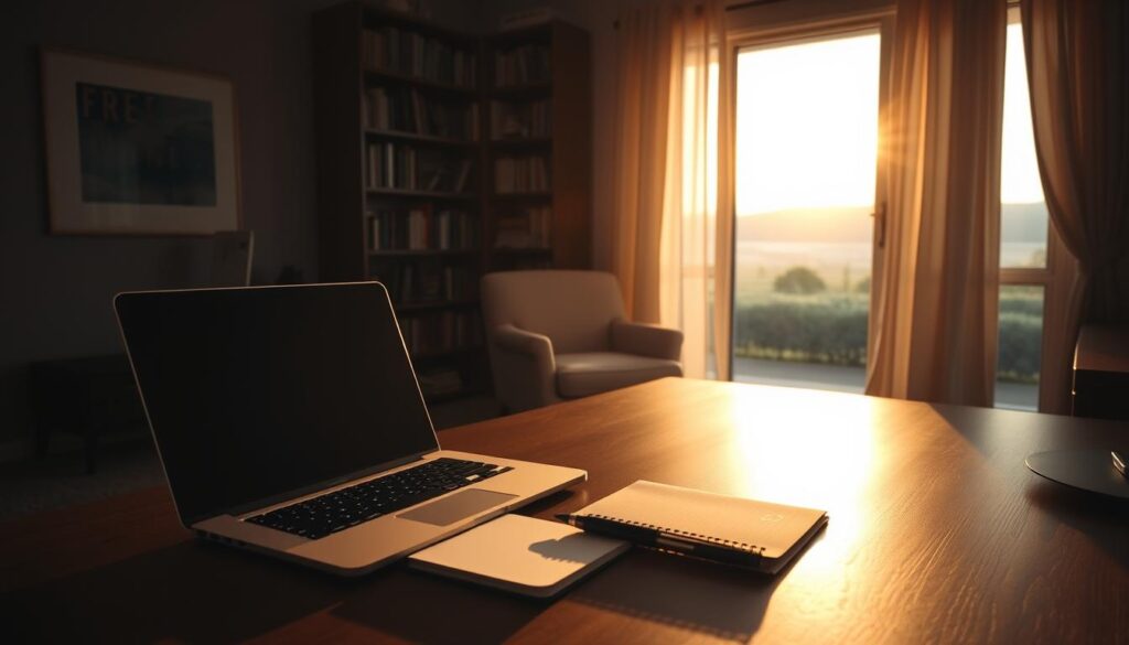 A serene, dimly lit home office setting. In the foreground, a desk with a laptop, pen, and notepad. The lighting is warm and soft, creating a cozy atmosphere. In the middle ground, a comfortable armchair and a bookshelf filled with inspirational reads. In the background, a large window overlooking a peaceful, natural landscape, with the sun peeking through the curtains. The overall tone is one of tranquility and introspection, inviting the viewer to pause and reflect on their motivations and desires regarding work.
