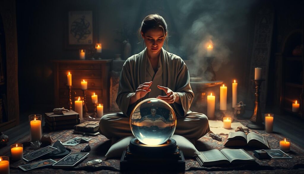 A serene, dimly-lit room, adorned with mystic symbols and glowing candles. In the center, an elegant, robed figure sits cross-legged on a plush cushion, gazing intently into a crystal ball. Crystals, tarot cards, and ancient tomes surround the scene, creating an atmosphere of deep contemplation and spiritual exploration. The lighting is soft and warm, casting a dreamlike glow over the space. The figure's face is in deep focus, their hands hovering delicately over the crystal ball, as if guiding the unseen forces of the universe. This is the training ground of the diviner, where they hone their intuitive powers and deepen their connection to the metaphysical realm.