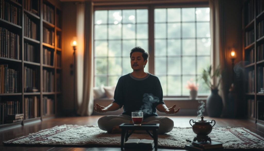 A serene, dimly lit study space with a large window overlooking a tranquil garden. In the foreground, a person sits cross-legged on a plush rug, eyes closed in deep meditation, surrounded by a soft, golden glow. Bookshelves line the walls, filled with ancient tomes. A low table holds a cup of steaming tea, incense wafting from a small burner. The background is blurred, creating a sense of focus and introspection. The lighting is warm and muted, evoking a calming, introspective atmosphere. The overall scene conveys a journey of self-discovery and inner reflection.