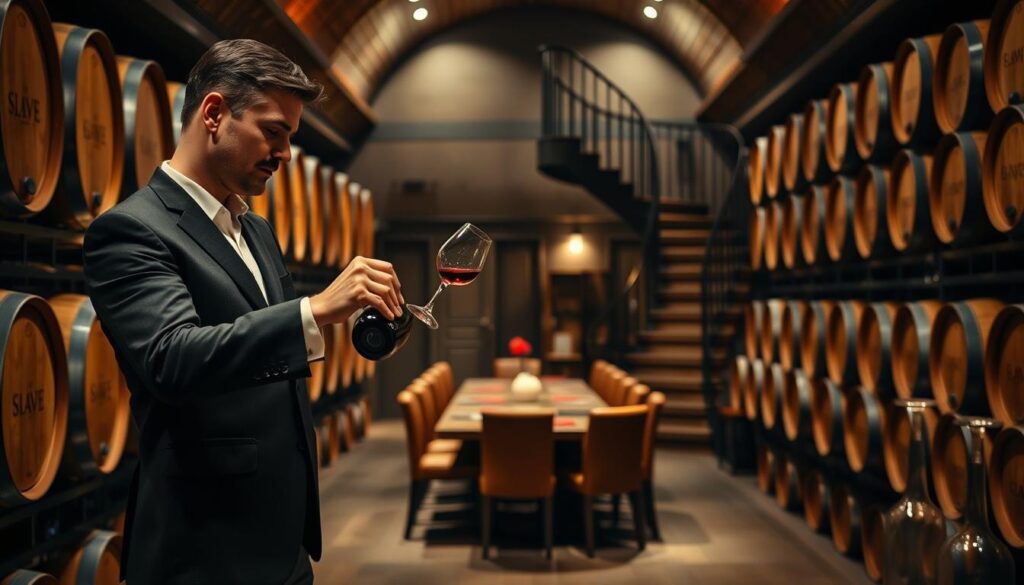 A serene, dimly-lit wine cellar with rows of elegant, oak barrels lining the walls. In the foreground, a sommelier in a crisp, tailored suit examines a bottle of fine wine, swirling the ruby liquid with practiced precision. The middle ground reveals a long, wooden tasting table surrounded by plush, leather chairs, while the background showcases a grand, wrought-iron staircase leading to an upper level, hinting at the depth of knowledge and expertise required to ascend the ranks of the sommelier profession. Soft, warm lighting casts a subtle glow, creating an atmosphere of refinement and connoisseurship.