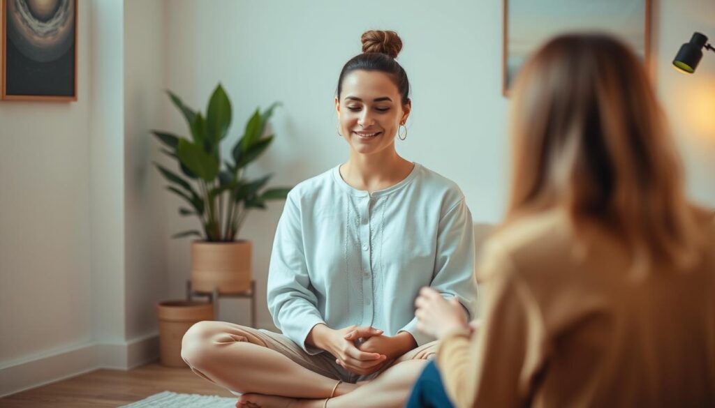 A serene, empathetic person sitting cross-legged, listening intently to a client with a compassionate expression. Warm, diffused lighting illuminates their face, creating a soothing atmosphere. The background is a cozy, minimalist office setting, with a potted plant and a calming artwork on the wall. The person's body language conveys a sense of openness, care, and deep understanding, reflecting the nurturing qualities of an ideal therapist. The overall scene evokes a safe, therapeutic environment conducive to open dialogue and personal growth.