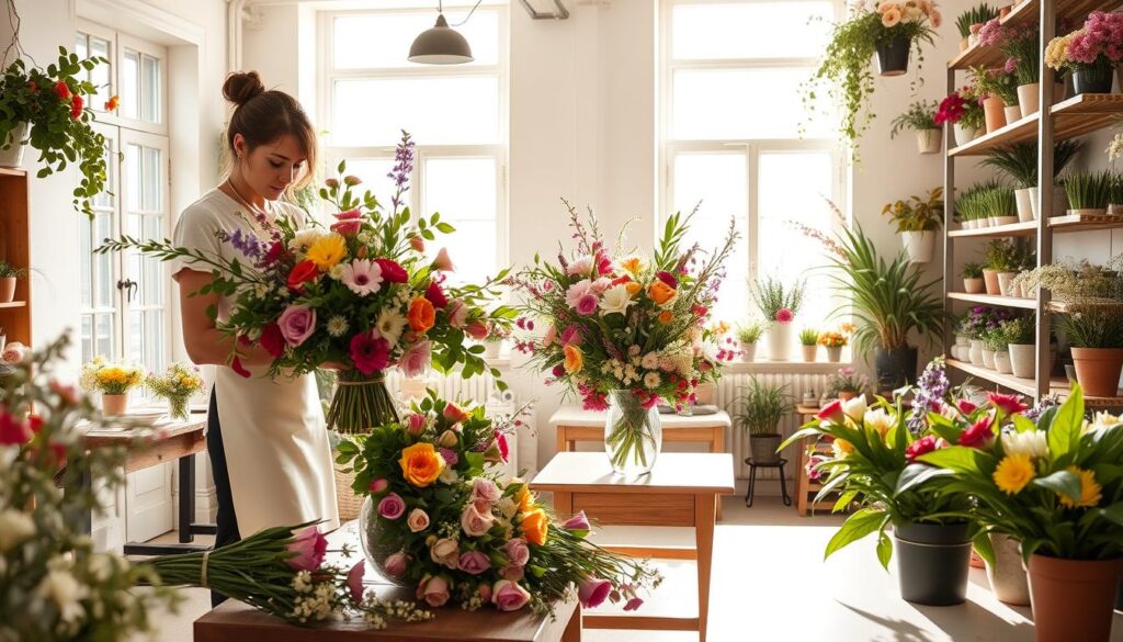 A serene floral studio filled with vibrant, meticulously arranged bouquets. Sunlight filters through large windows, casting a warm glow on the workspace. A florist, dressed in a clean, crisp apron, carefully selects stems and foliage, blending colors and textures to craft a stunning centerpiece. Delicate flowers spill from vases on wooden tables, while potted plants line the shelves. The room exudes a sense of artistry, creativity, and the tranquility of the natural world, capturing the essence of a successful floral designer's domain.