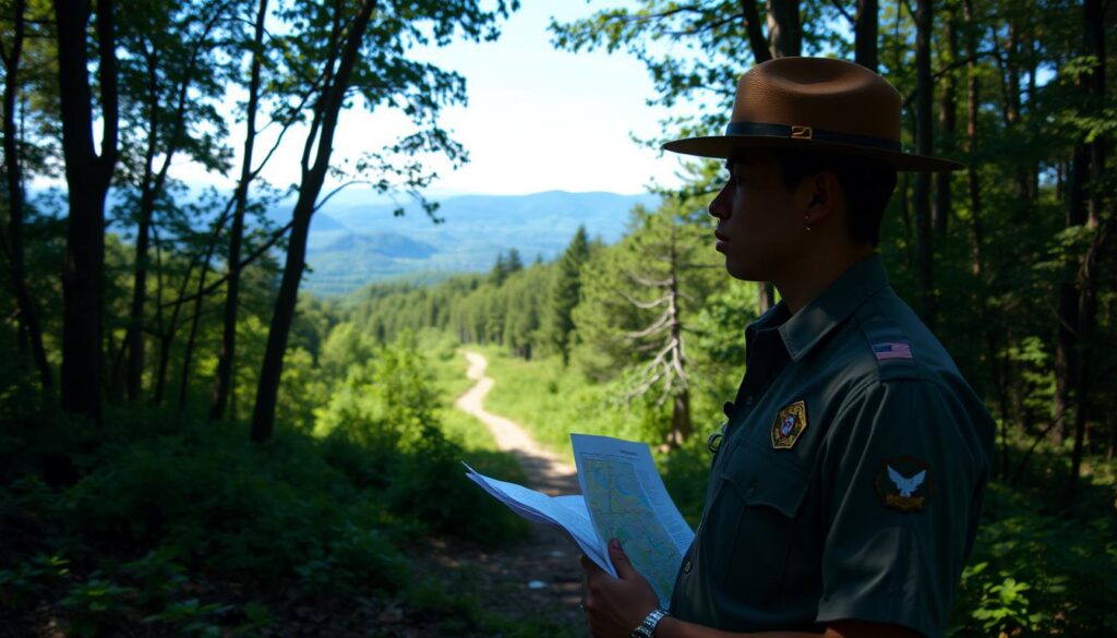 A serene forest clearing, illuminated by soft, natural lighting. In the foreground, a park ranger in uniform stands, their face thoughtful as they gaze at a map. Behind them, a winding path leads deeper into the lush, verdant woods, suggesting the various avenues of a nature conservation career. In the distance, a vista of rolling hills and a clear blue sky, symbolizing the expansive possibilities and fulfilling challenges that await those dedicated to protecting our natural world. The scene conveys a sense of purpose, exploration, and a deep connection to the environment, embodying the essence of the "自然保護官のキャリアパス".