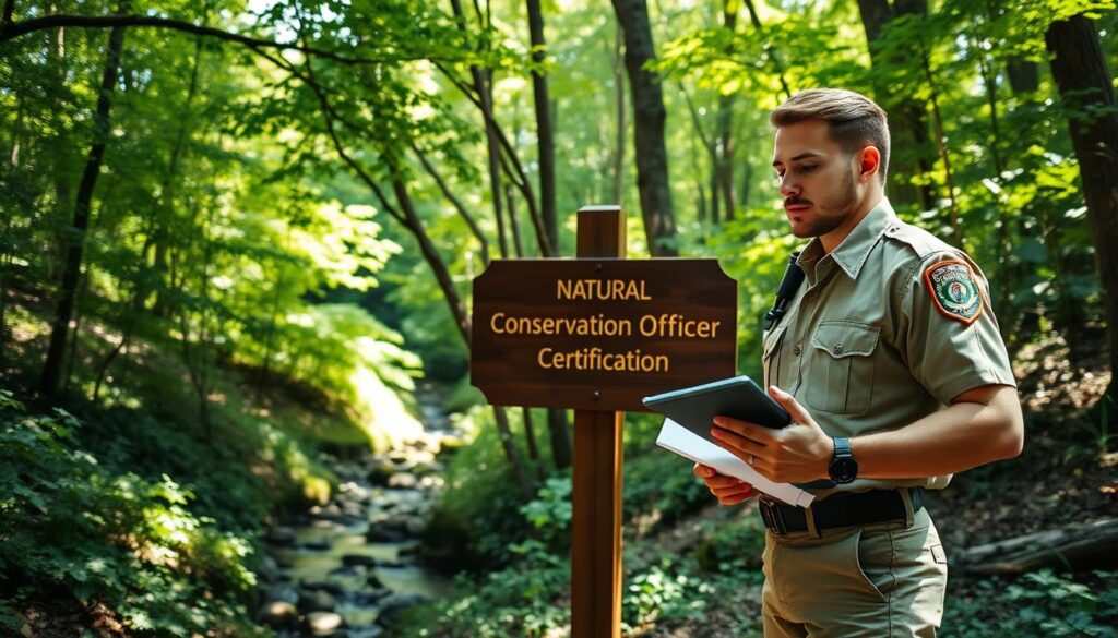 A serene forest clearing, sunlight filtering through the verdant canopy, casting a warm glow on a person in a khaki uniform standing before a wooden sign. The sign displays the official emblem and title "Natural Conservation Officer Certification". The officer holds documents and a tablet, examining the details of the certification with a thoughtful expression. In the background, lush foliage and the sound of a babbling brook create a tranquil, natural atmosphere befitting the role of a conservation professional tasked with protecting the environment. Capturing the essence of the specialized knowledge and responsibilities required for this important position.