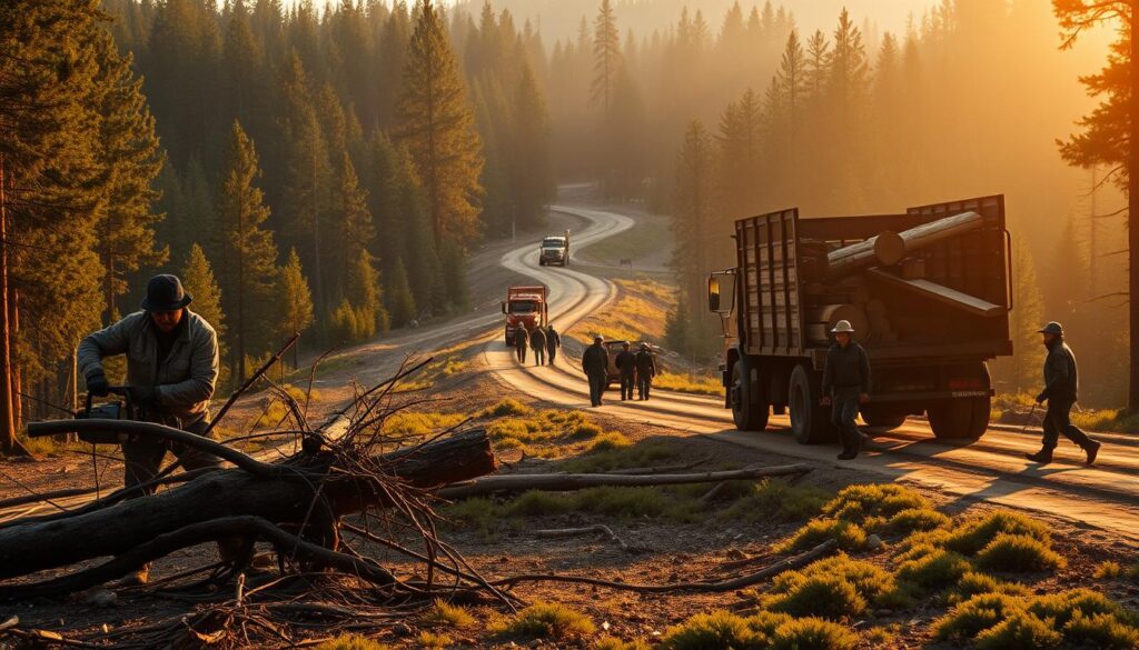 A serene forest landscape captured in the golden light of dawn. In the foreground, a logger expertly operates a chainsaw, trimming branches from a felled tree. In the middle ground, workers load freshly cut logs onto a rugged timber truck, its engine rumbling. In the background, a network of dirt roads winds through the dense evergreen forest, as a group of loggers trudge towards their next work site, their heavy boots crunching on the pine-needle carpet. The air is crisp and cool, tinged with the scent of sap and the earthy aroma of the forest floor. A tranquil scene that belies the demanding physical labor that sustains the timber industry.