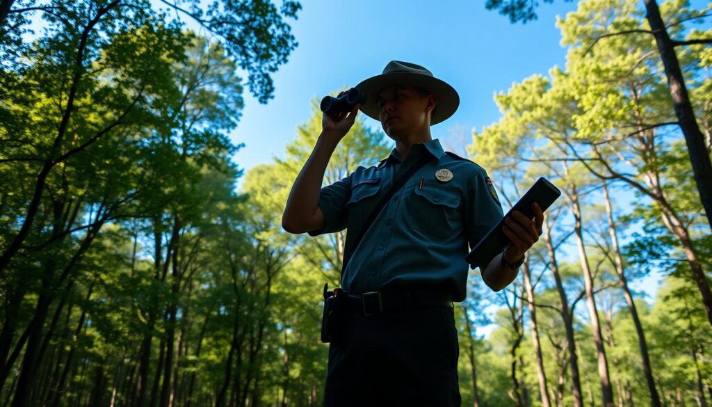 A serene forest landscape with a focus on a uniformed natural park ranger standing in the foreground, holding a pair of binoculars and examining a wildlife monitoring device. The ranger's figure is silhouetted against a backdrop of lush, verdant trees and a clear, blue sky. Gentle sunlight filters through the canopy, casting warm, diffused lighting on the scene. The composition emphasizes the ranger's role in preserving and protecting the natural environment, with a sense of dedication and connection to the surroundings. The overall mood is one of tranquility, professionalism, and the importance of environmental conservation.