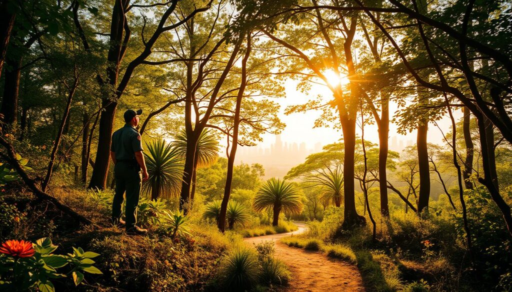 A serene forest landscape with a nature conservation officer standing tall, observing the lush greenery and vibrant wildlife. Warm, golden sunlight filters through the canopy, casting a gentle glow over the scene. In the foreground, a diverse array of native flora and fauna thrive, showcasing the officer's dedication to preserving the delicate balance of the ecosystem. The middle ground features a winding trail leading deeper into the forest, symbolizing the officer's role in guiding and educating the public. In the background, a glimpse of a modern city skyline hints at the challenges of maintaining the natural world in the face of urbanization, highlighting the importance of the conservation officer's work. The overall mood is one of harmony, resilience, and a hopeful vision for the future of the natural world under the watchful care of these dedicated professionals.